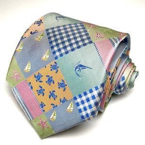 Rooster Multi Colored Sea life and Sailboats Plaid Patches Silk Tie